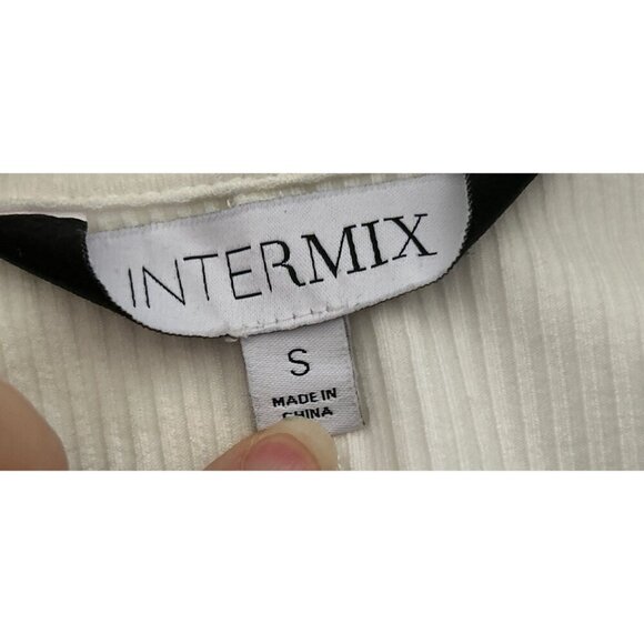 Intermix White Ribbed V-Neck Stretch Knit Top With Elbow Sleeves - Size S - Picture 6 of 7